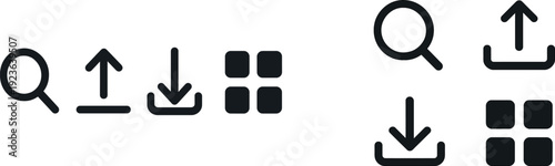 Four distinct icons are displayed in a minimalist style, illustrating search functionality, uploading files, downloading data, and a grid layout for organizing content.