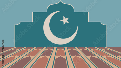 A graphic illustration of a mosque with a crescent moon and star symbol