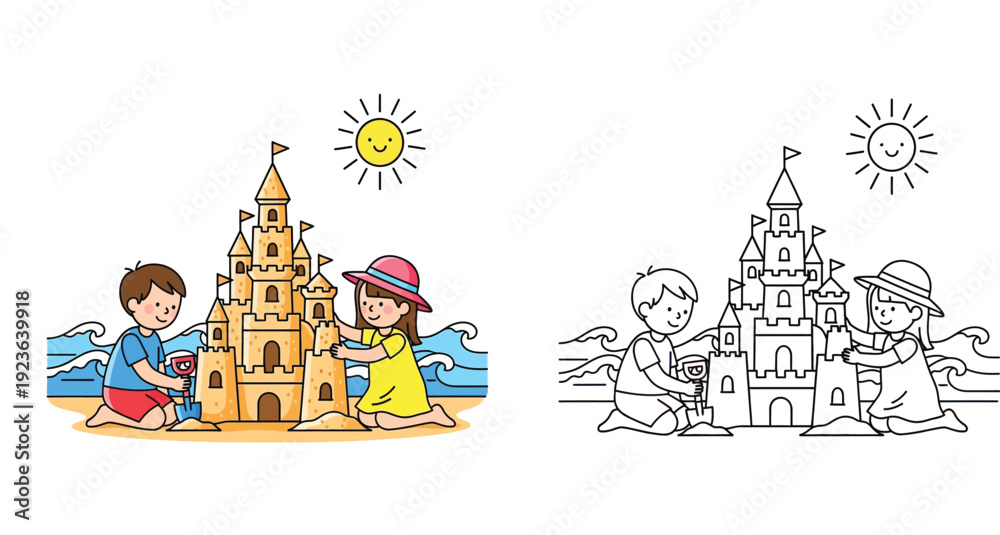 Naklejka premium Vector illustration of kids building a sandcastle on the beach in summer. Includes color and black and white line art outline for children's coloring book page.