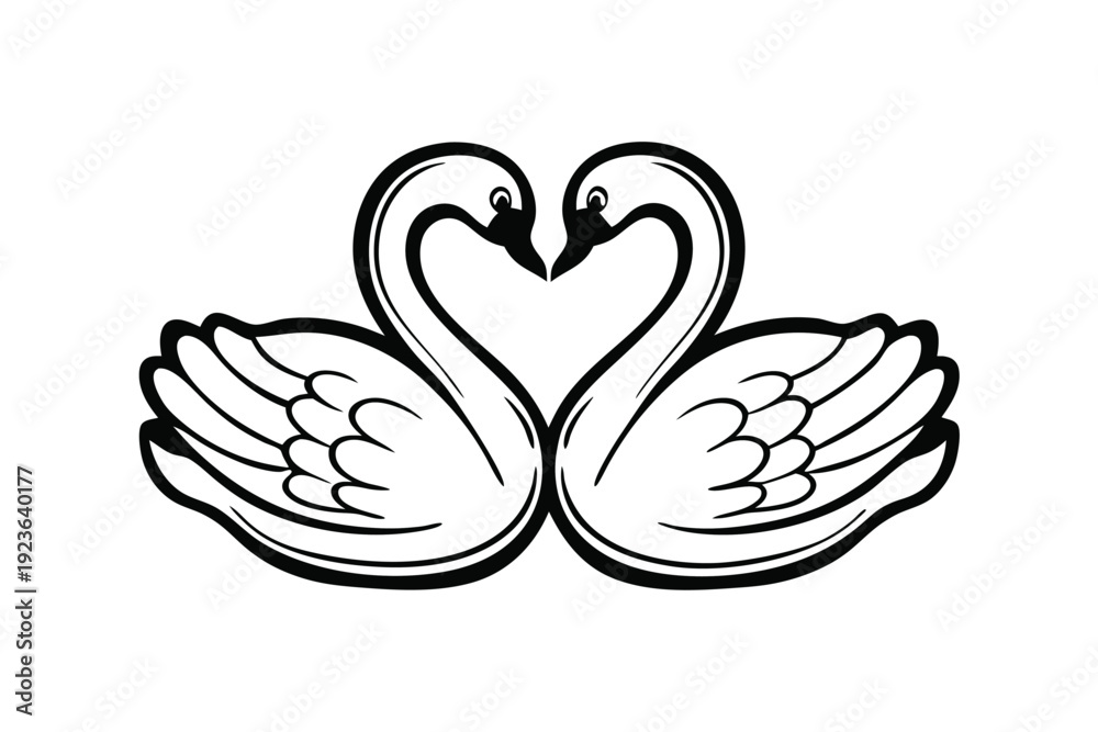 Obraz premium Two graceful swans face each other, their necks forming a heart shape with wings