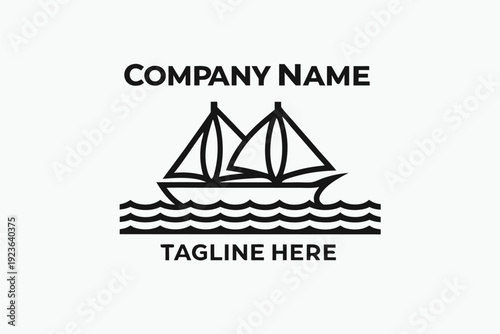 Two outlined sailing ships float on choppy waves with company name and tagline