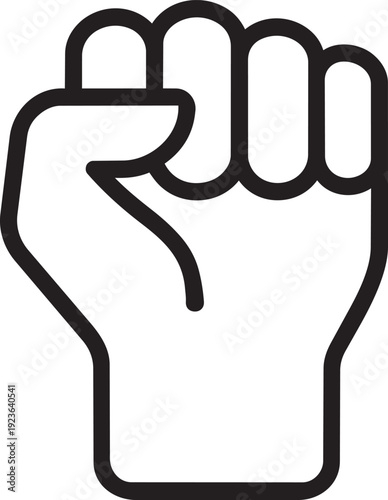 tightly clenched human fist raised upwards showing extreme strength determination and rebellious power in simple black line art style