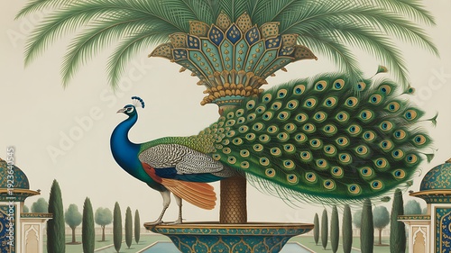 An ornate Mughal pichwai art-inspired illustration for wallpaper, featuring a detailed garden scene with a peacock by a lotus pond, framed by an elaborate arch. The design is rich in traditional