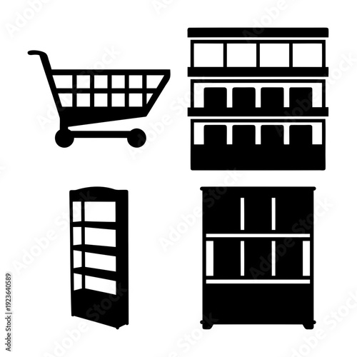Essential retail elements: a collection of various store shelving units and a shopping cart