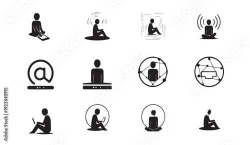 Modern business and technology icons with people meditating and working