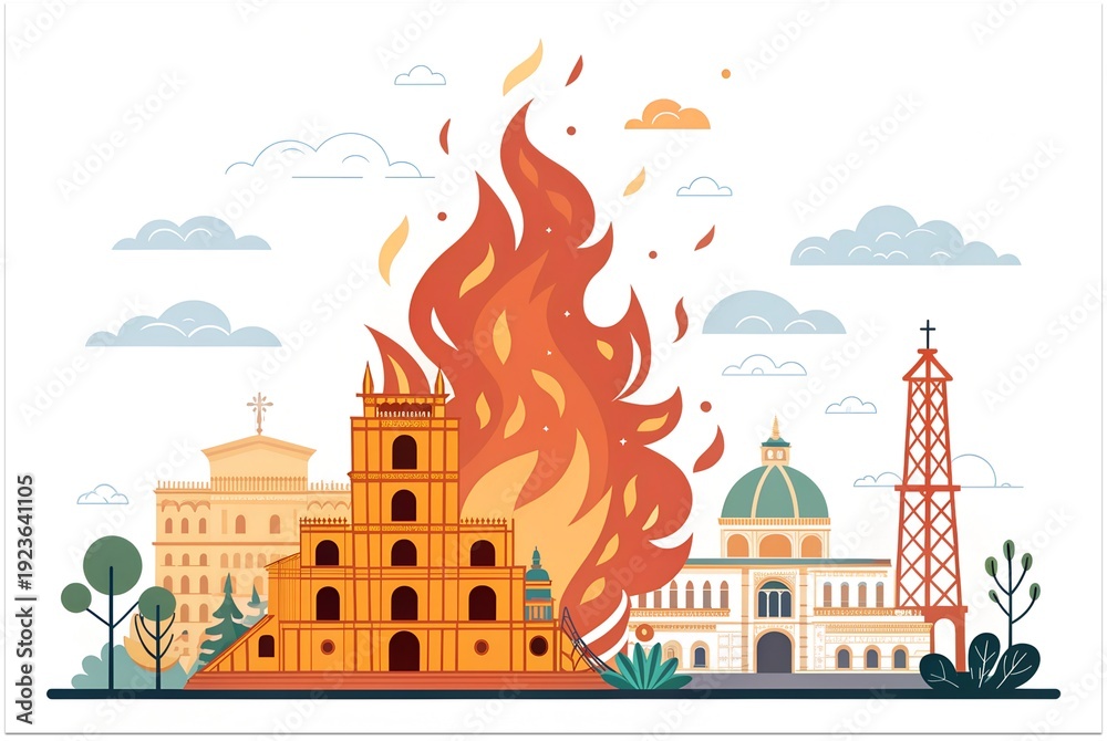 Fototapeta premium Historic cityscape engulfed by a dramatic fire near iconic structures and a tower