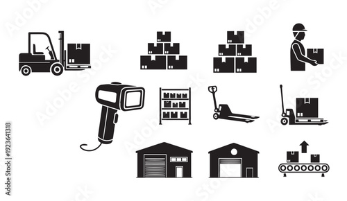 Logistics icons set including warehouse equipment and delivery graphics