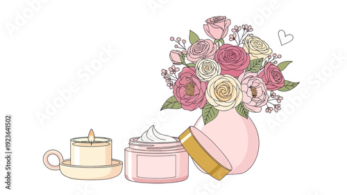Floral spa elements and feminine self care illustration.