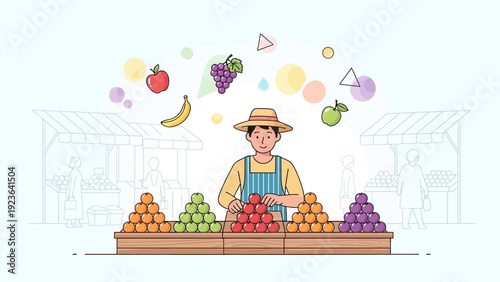A cheerful vendor sells fresh fruits at a market stall.