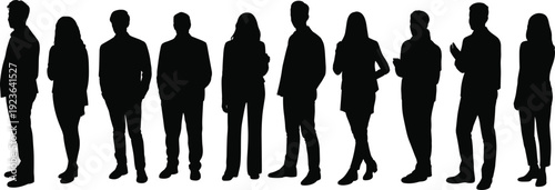 Business, people, silhouettes, professionals, diverse, standing, corporate, office, team, workforce, leadership, communication, modern, employees, group, workplace, profile, vector, flat, illustration