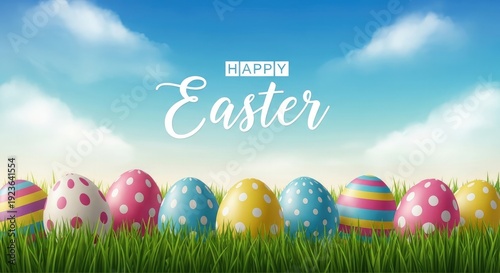 Easter eggs in a grassy field under a blue sky