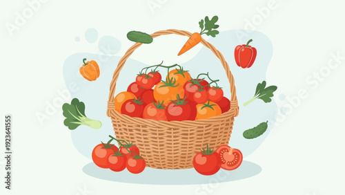 Bountiful harvest of fresh organic vegetables in a rustic wicker basket illustration.