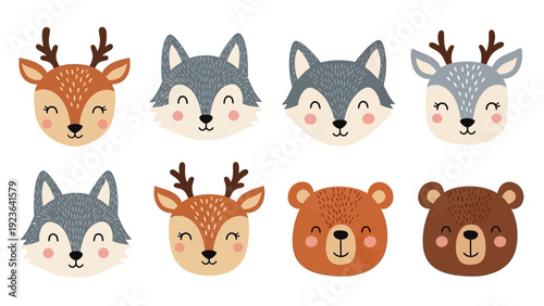 Cute woodland animals faces illustration