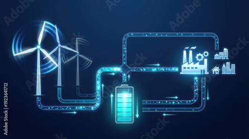 Wind turbine energy flow to industrial and urban grid with battery storage showing clean efficient power distribution and dynamic blue circuit
