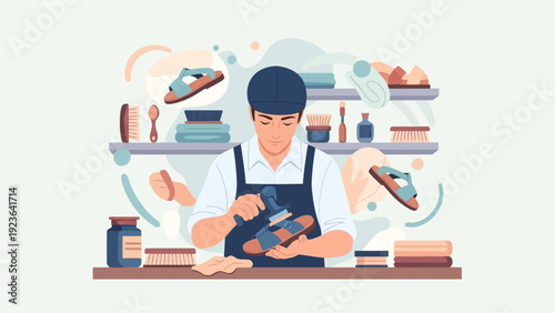 A shoemaker in an apron carefully cleaning a leather sandal in his workshop.