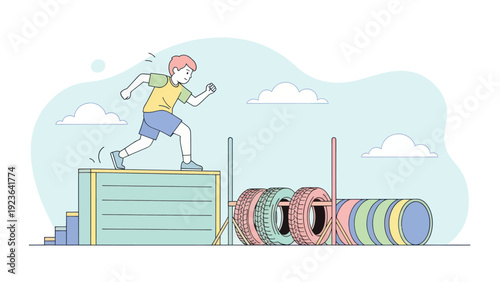 Boy running an obstacle course in an outdoor fitness activity
