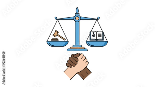 Scales of justice balanced with diverse hands clasped in unity.