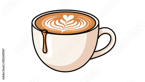 Latte art in a coffee cup with a drop