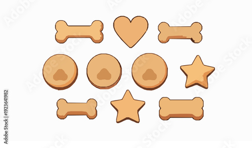 Assorted Dog Biscuit Vector Set with Bone Paw and Heart Shaped Pet Treats Isolated on White Background