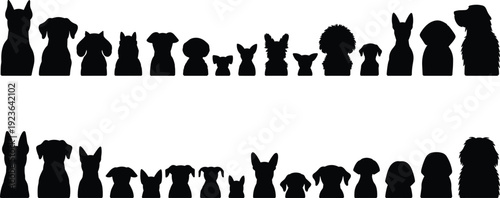 Dogs, silhouettes, collection, breeds, pets, animals, domestic, canine, lineup, variety, profile, cute, companion, isolated, vector, set, black, design, flat, illustration