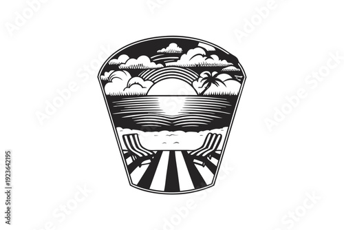 Two silhouette palm trees stand on colorful beach within a badge