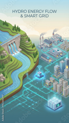 Hydro dam generating power for smart grid connecting industrial plant, city buildings and energy storage with glowing network and sustainable flow
