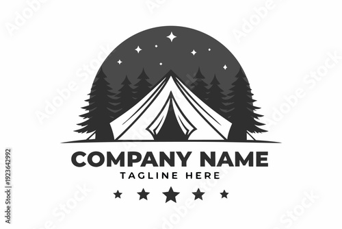 White tent logo amidst dark pine trees with starry nightscape illustration