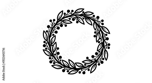 A simple black and white illustration of a circular wreath adorned with leaves and berries.