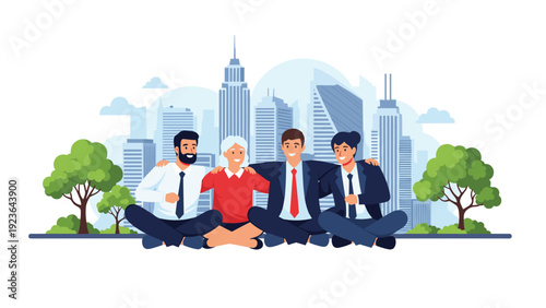 Group of four business professionals in formal suits sitting together and hugging in front of a modern city skyline at sunset.