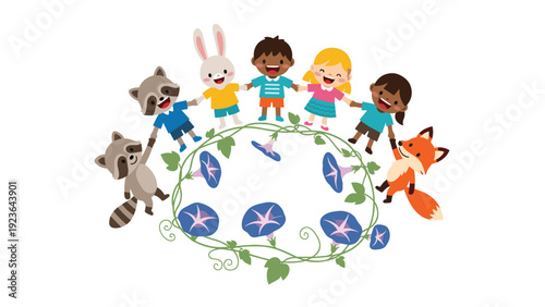 Children of different ethnicities and forest animals holding hands in a circle above a decorative morning glory flower frame.