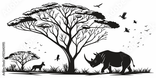 Black and White Woodcut Silhouette of a Rhino with Acacia Trees, Birds, and Animals.