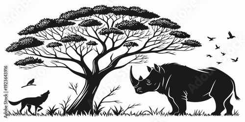 Black and White Woodcut Silhouette of a Rhino with Acacia Trees, Birds, and Animals.