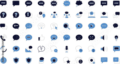 Editable Communication Icon Set Featuring Chat Bubbles Speech Balloons Messaging Notifications Customer Support Feedback Emoticons Video Calls Audio Voice Messages Social Media Interaction 