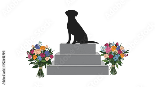 Silhouette of a dog sitting on a gray stone pedestal flanked by two large bouquets of vibrant and colorful flowers.