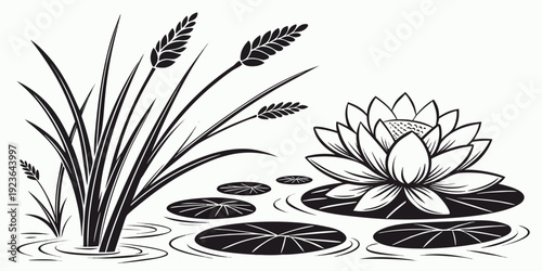 Black and White Linocut Lotus Flower and Water Lily Pond Illustration