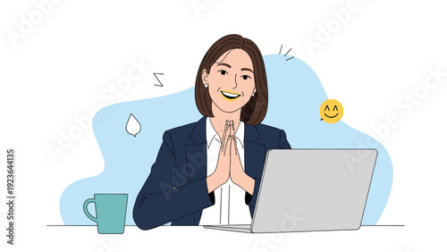 Happy professional businesswoman sitting at her desk with a laptop and a coffee mug expressing gratitude or making a polite request.