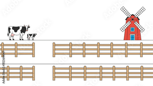 Peaceful rural farm landscape featuring cows in a pasture with a wooden fence and a traditional red windmill under a clean white sky.
