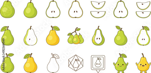 Pear Fruit Collection with Whole, Halved and Sliced Green and Yellow Pears Set Isolated on White Background