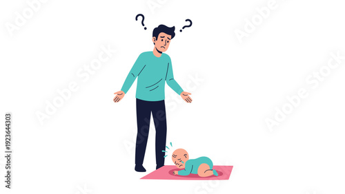 Confused and overwhelmed father standing with his arms out while looking down at a crying baby crawling on a pink mat.