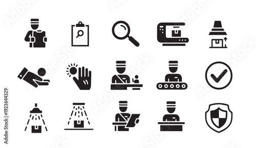 Black icons for business and industry concepts on white background