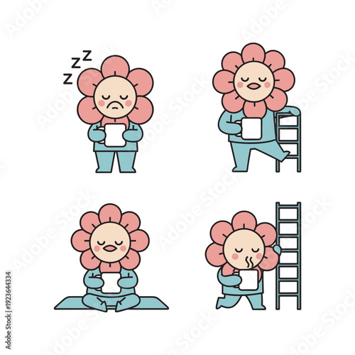 Cute cartoon dog sleeping and dancing with blue bow tie on white background