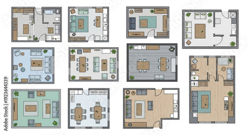 Detailed architectural floor plans showcasing various interior design layouts for residential spaces.