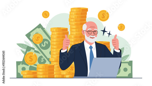 Joyful wealthy elderly businessman in a suit sitting at his laptop surrounded by large stacks of gold coins and green dollar bills.