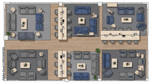 Office space layout with various seating arrangements and collaborative work areas.