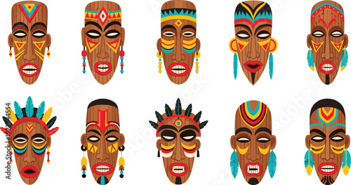 African Tribal Mask Colorful Collection with Ethnic Ritual Face Paint Feathers and Traditional Cultural Symbols Flat Vector Illustration Set Police Stop
