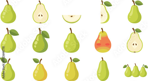 Pear Fruit Collection Set with Whole, Half and Sliced Green and Yellow Pears Isolated on White Background