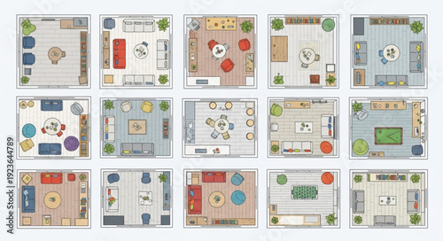 Top-down view of various interior design floor plans with furniture arrangements.