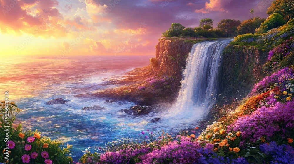 Fototapeta premium A beautiful waterfall is surrounded by a lush green forest and a blue ocean. The sky is filled with clouds and the sun is setting, creating a serene and peaceful atmosphere
