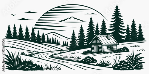 Vintage Woodcut Style Maroon-Purple Mountain Village with Pine Forest