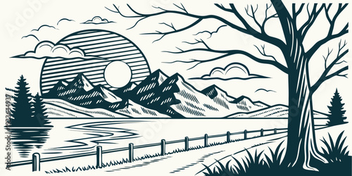 Deep Teal Linocut Lakeside Landscape with Sun, Mountains and Trees